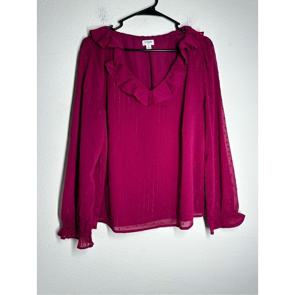 J Crew Fusia Bohemian Ruffle Blouse Size L Vneck Long Sleeve Lined Swiss Dot